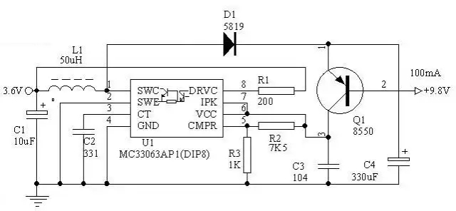 用MC34063做3.6V電轉9V電路圖
